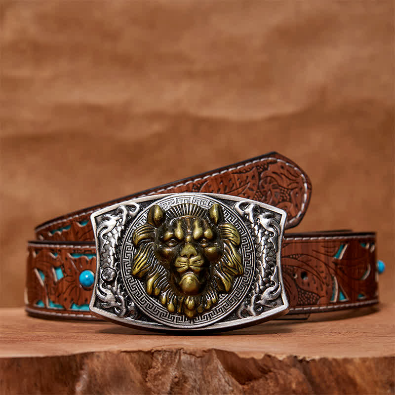 Men's DIY Gold Lion Hidden Folding Knife Leather Belt - Lion - Turquoise Carved Belt - 42 - image 6