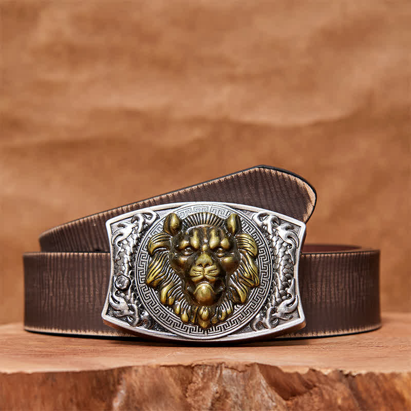 Men's DIY Gold Lion Hidden Folding Knife Leather Belt