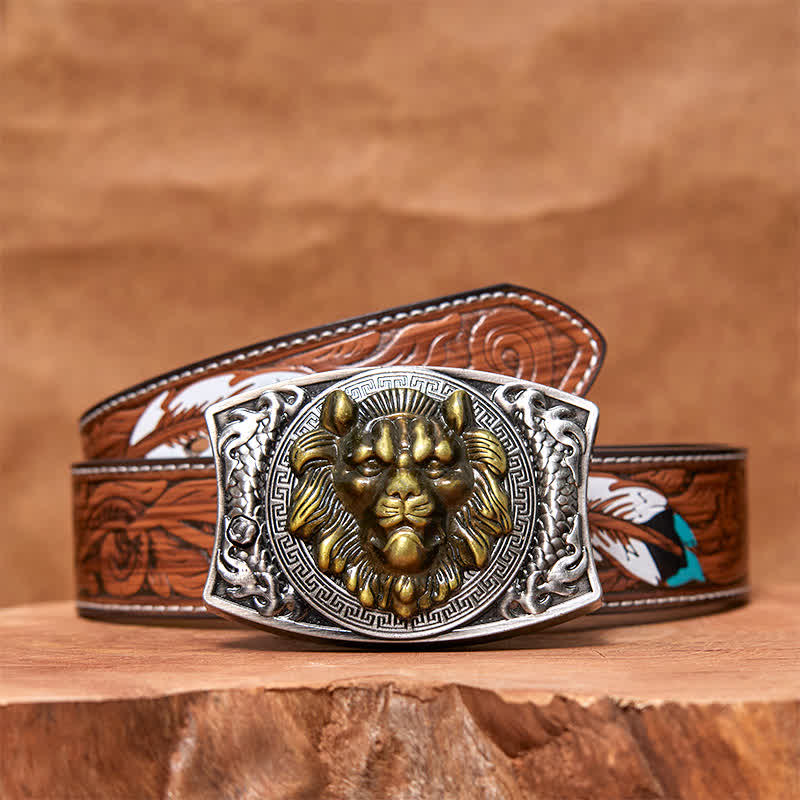Men's DIY Gold Lion Hidden Folding Knife Leather Belt - Lion - Brown Feather Belt - 40 - image 8