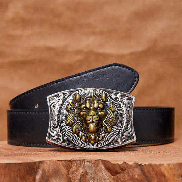 Men's DIY Gold Lion Hidden Folding Knife Leather Belt