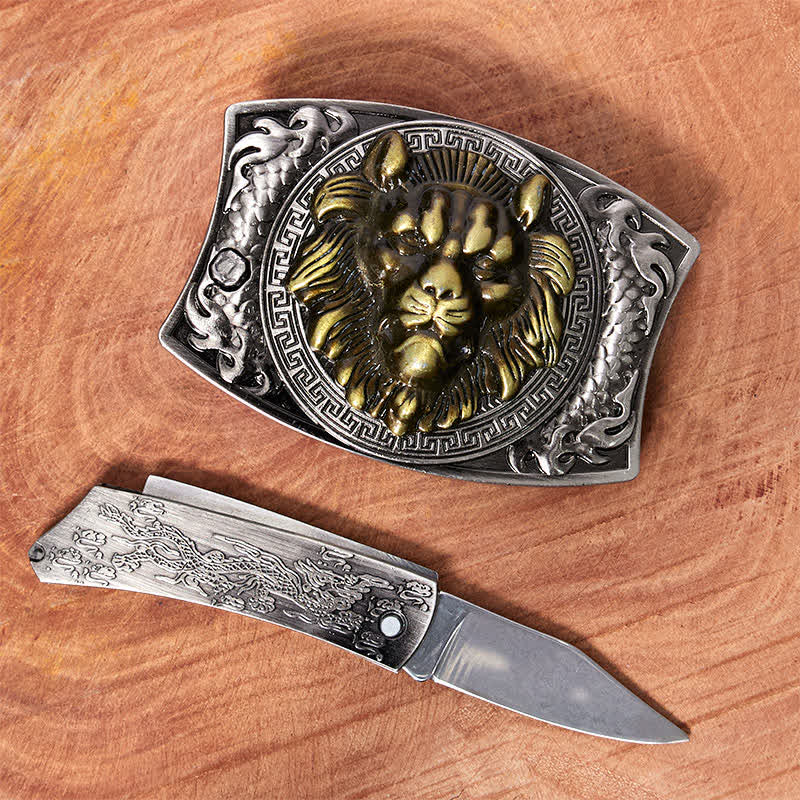 Men's DIY Gold Lion Hidden Folding Knife Leather Belt