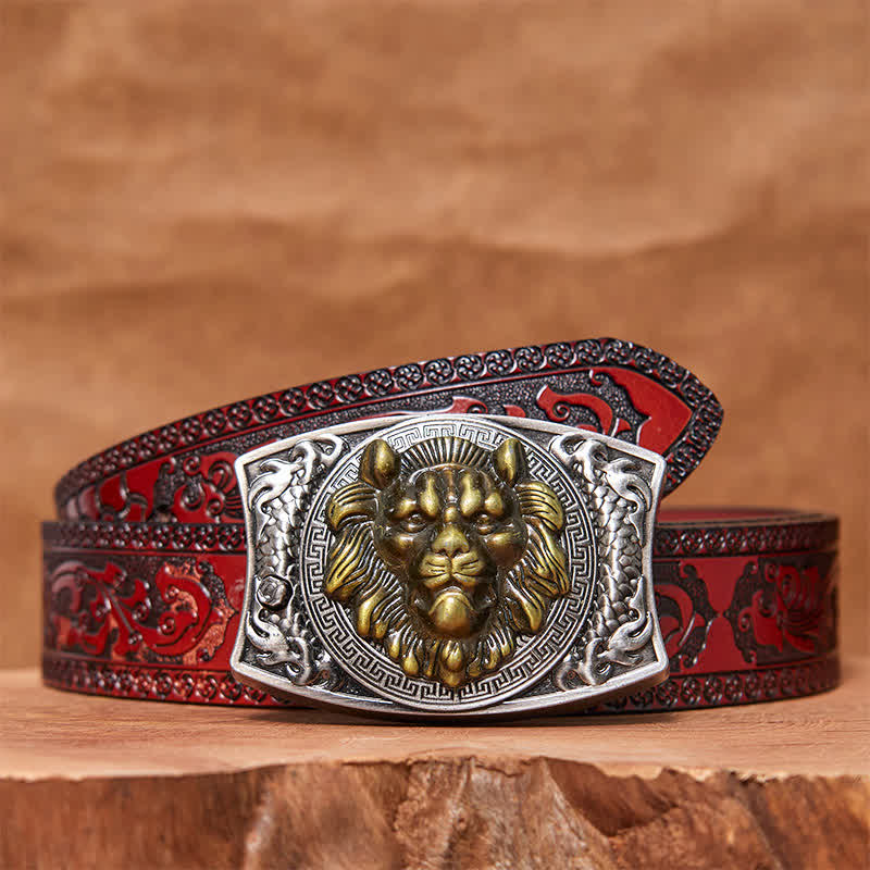 Men's DIY Gold Lion Hidden Folding Knife Leather Belt - Lion - Brown Carved Belt - 42 - image 5