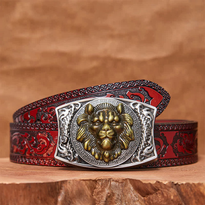 Men's DIY Gold Lion Hidden Folding Knife Leather Belt - Lion - Brown Carved Belt - 42 - image 5