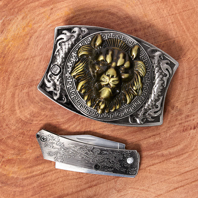 Men's DIY Gold Lion Hidden Folding Knife Leather Belt