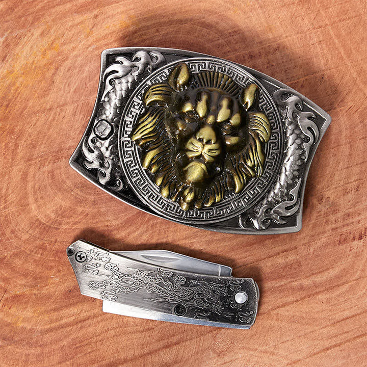 Men's DIY Gold Lion Hidden Folding Knife Leather Belt