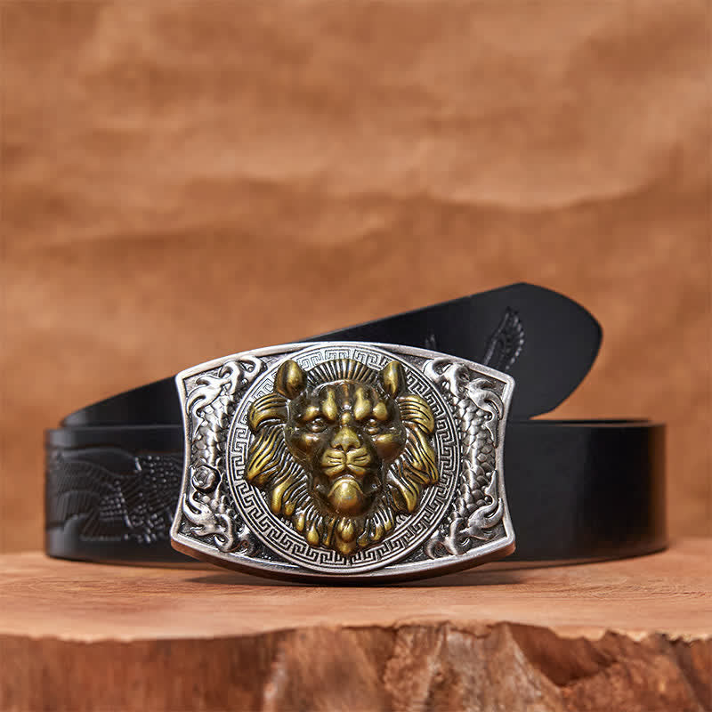 Men's DIY Gold Lion Hidden Folding Knife Leather Belt