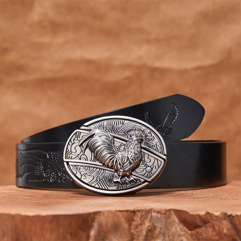 Men's DIY Rooster Hidden Folding Knife Leather Belt - Rooster - Black Embossed Eagle Belt - 42 - image 6