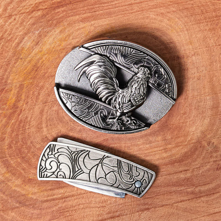 Men's DIY Rooster Hidden Folding Knife Leather Belt