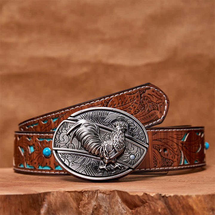 Men's DIY Rooster Hidden Folding Knife Leather Belt - Rooster - Turquoise Carved Belt - 42 - image 5