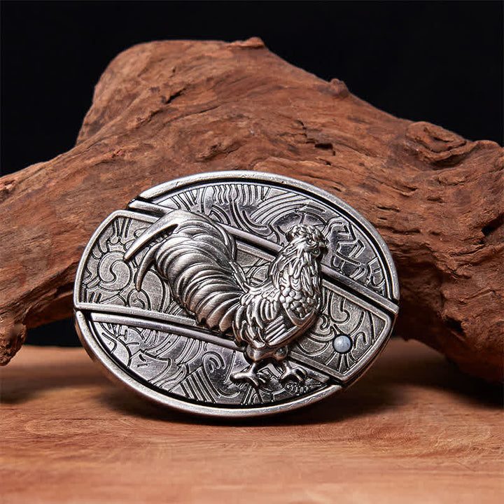 Men's DIY Rooster Hidden Folding Knife Leather Belt