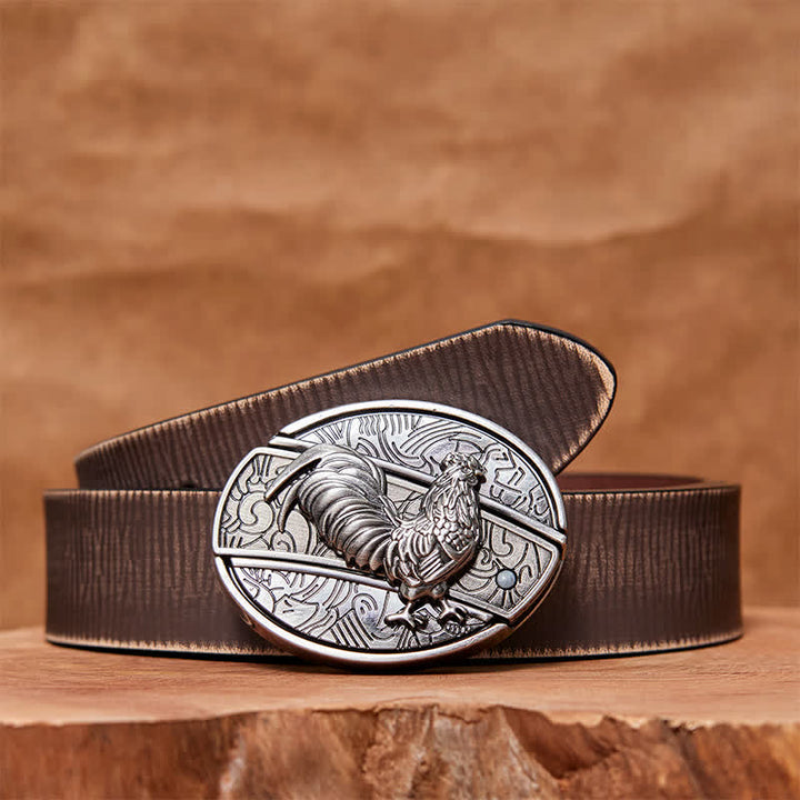 Men's DIY Rooster Hidden Folding Knife Leather Belt
