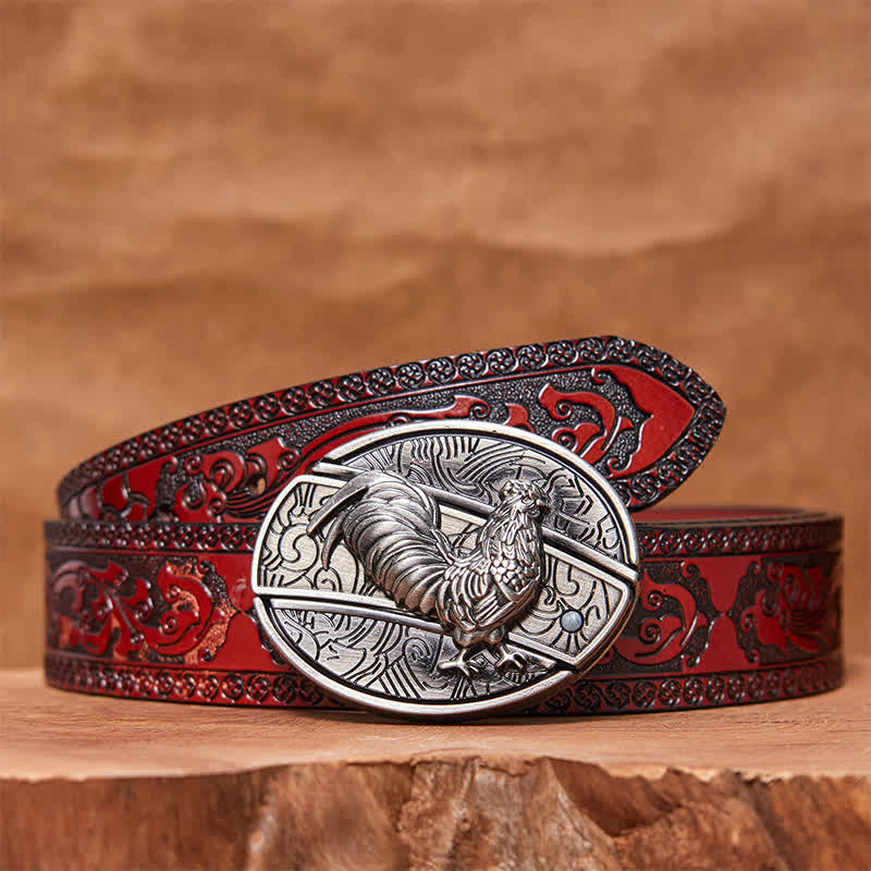 Men's DIY Rooster Hidden Folding Knife Leather Belt