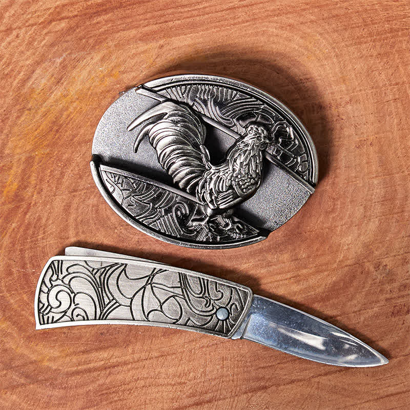 Men's DIY Rooster Hidden Folding Knife Leather Belt