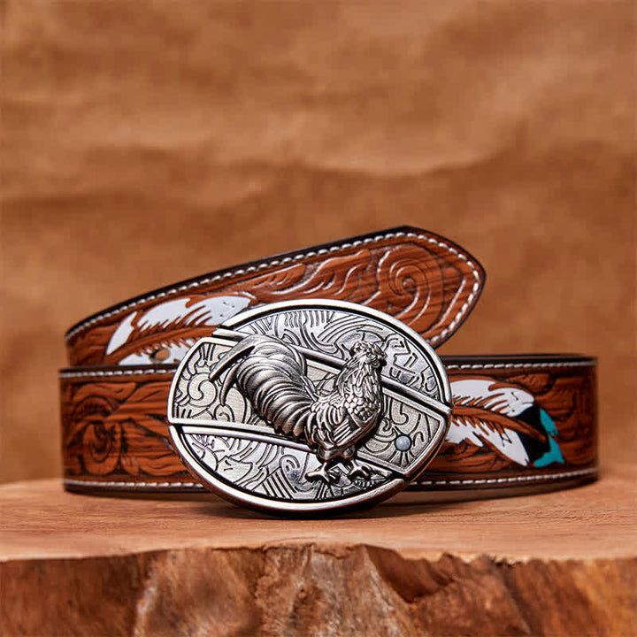 Men's DIY Rooster Hidden Folding Knife Leather Belt - Rooster - Brown Feather Belt - 40 - image 9