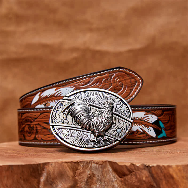 Men's DIY Rooster Hidden Folding Knife Leather Belt - Rooster - Brown Feather Belt - 40 - image 9