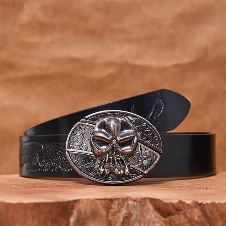 Men's DIY Skull Head Hidden Folding Knife Leather Belt - Skull Head - Black Embossed Eagle Belt - 42 - image 6