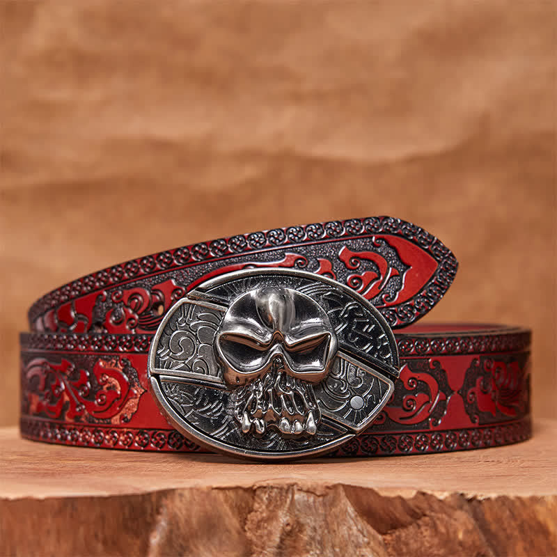 Men's DIY Skull Head Hidden Folding Knife Leather Belt - Skull Head - Brown Carved Belt - 42 - image 7