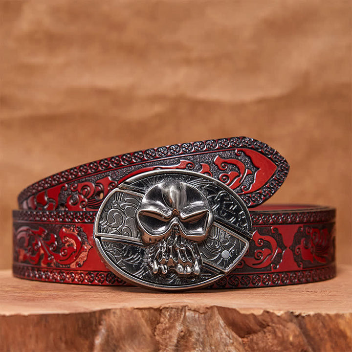 Men's DIY Skull Head Hidden Folding Knife Leather Belt - Skull Head - Brown Carved Belt - 42 - image 7