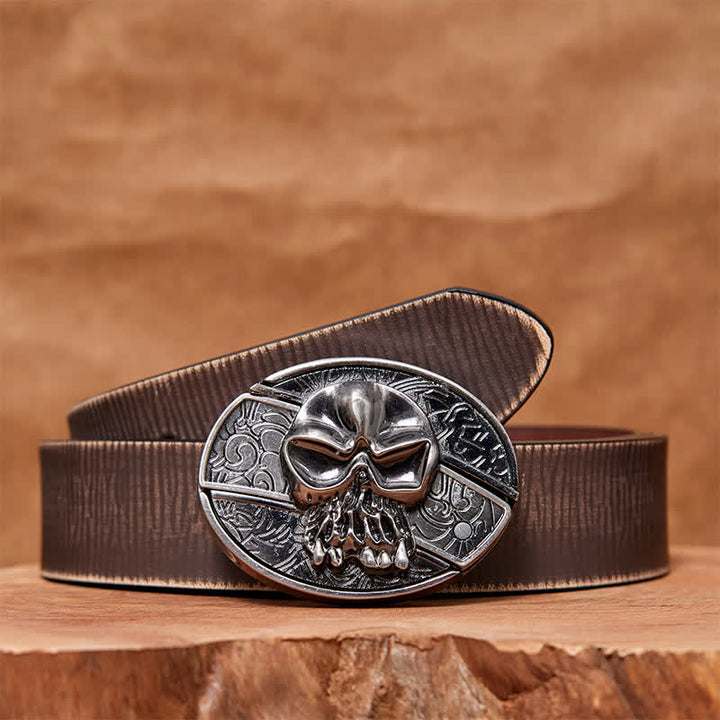 Men's DIY Skull Head Hidden Folding Knife Leather Belt - Skull Head - Brown Distressed Belt - 42 - image 8