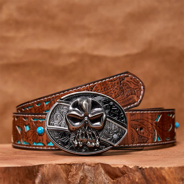 Men's DIY Skull Head Hidden Folding Knife Leather Belt - Skull Head - Turquoise Carved Belt - 42 - image 5