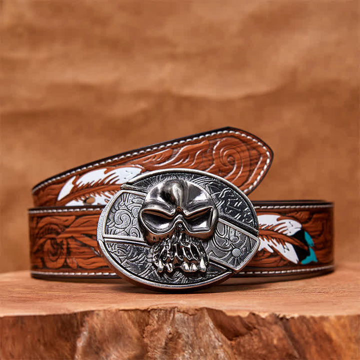 Men's DIY Skull Head Hidden Folding Knife Leather Belt - Skull Head - Brown Feather Belt - 40 - image 9