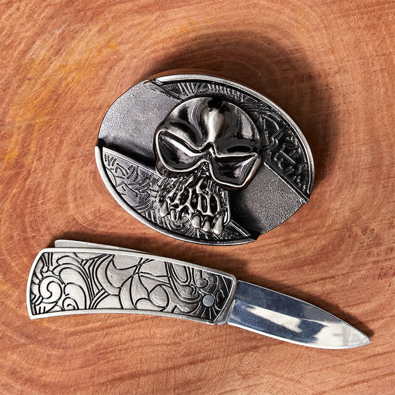 Men's DIY Skull Head Hidden Folding Knife Leather Belt - image 1