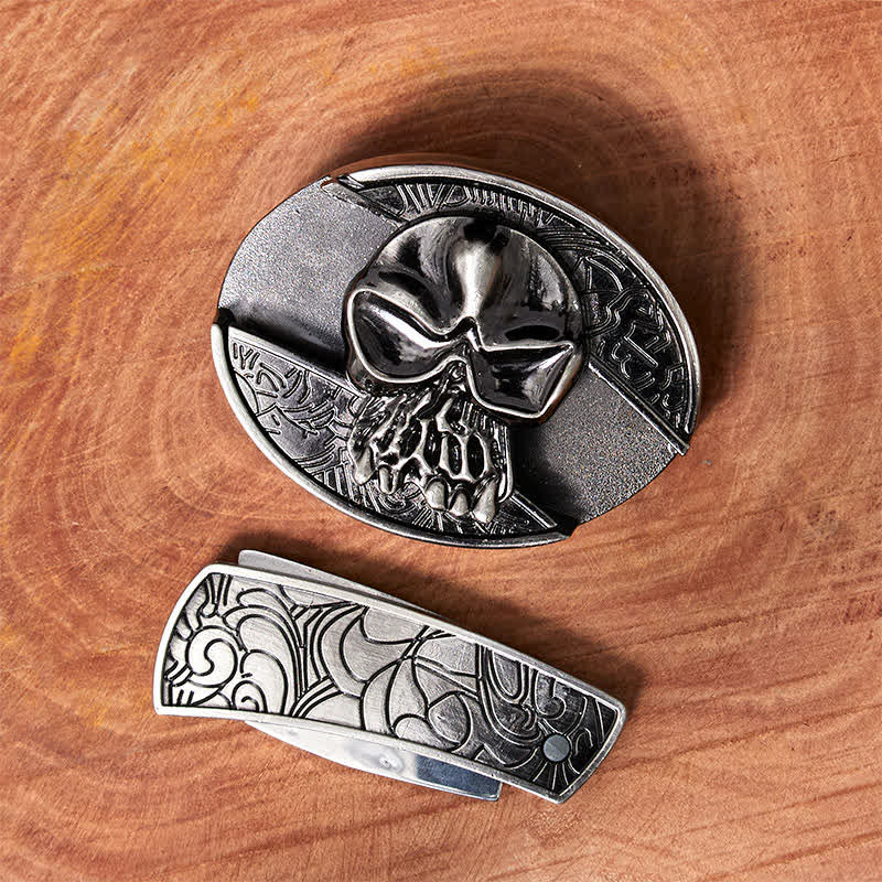 Men's DIY Skull Head Hidden Folding Knife Leather Belt
