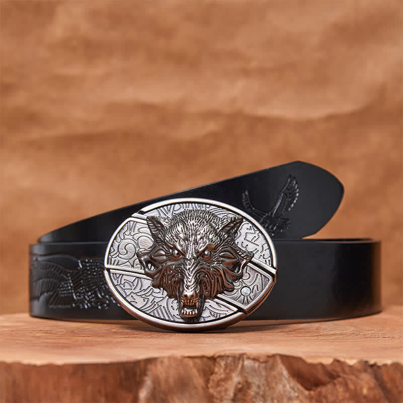 Men's DIY Wolf Head Hidden Folding Knife Leather Belt - Wolf Head - Black Embossed Eagle Belt - 42 - image 6