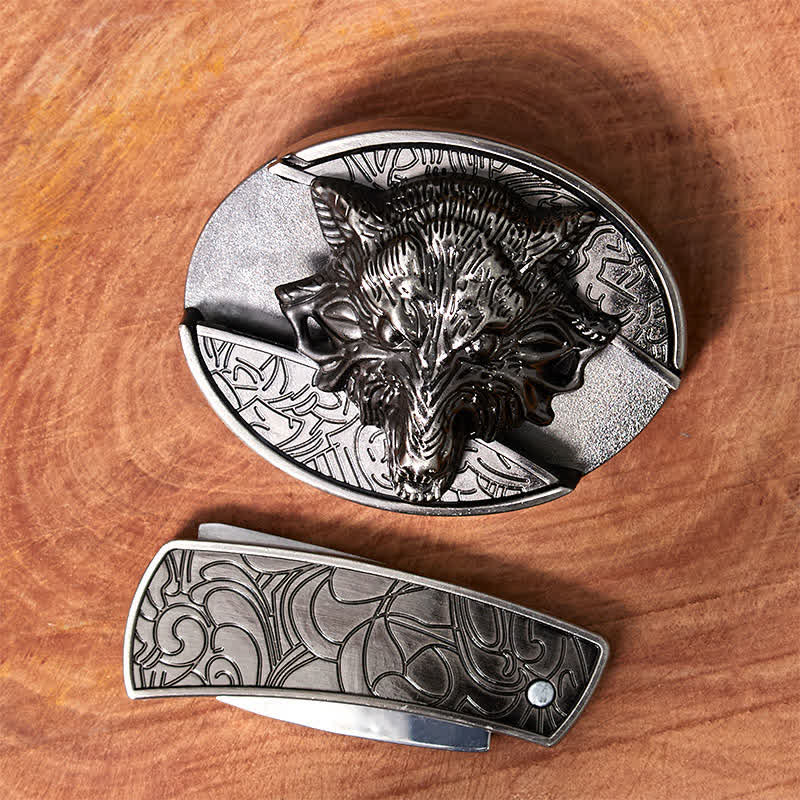 Men's DIY Wolf Head Hidden Folding Knife Leather Belt