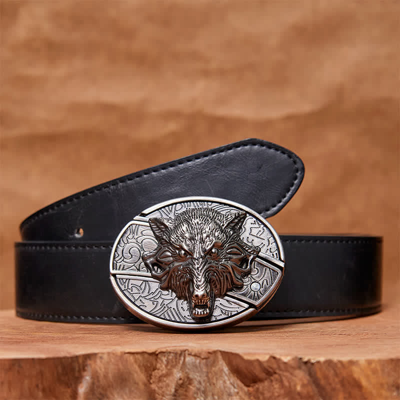 Men's DIY Wolf Head Hidden Folding Knife Leather Belt