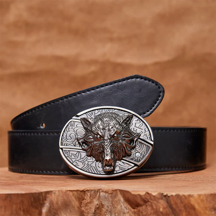 Men's DIY Wolf Head Hidden Folding Knife Leather Belt
