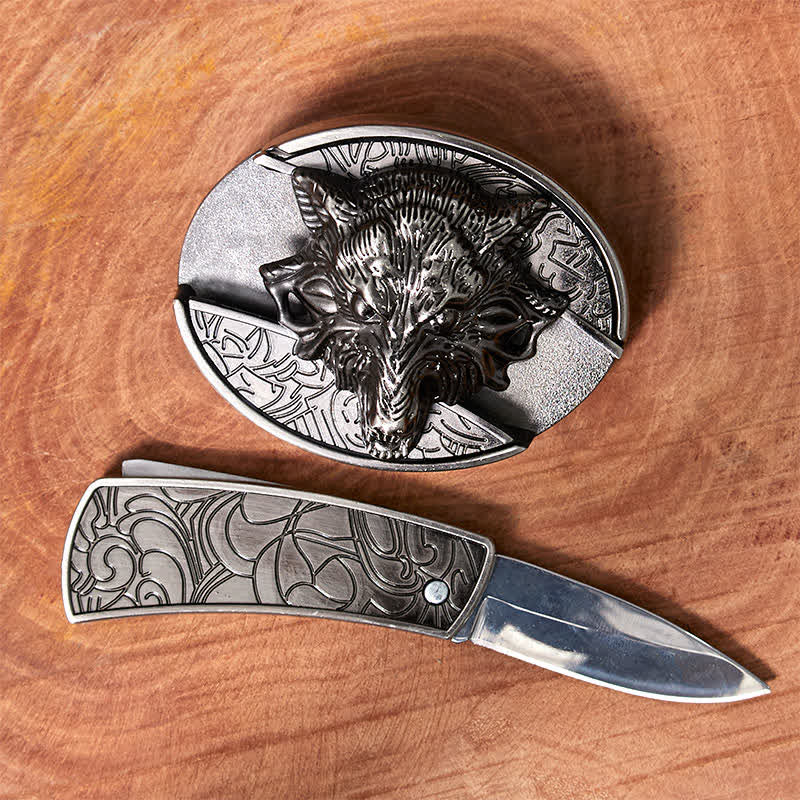 Men's DIY Wolf Head Hidden Folding Knife Leather Belt