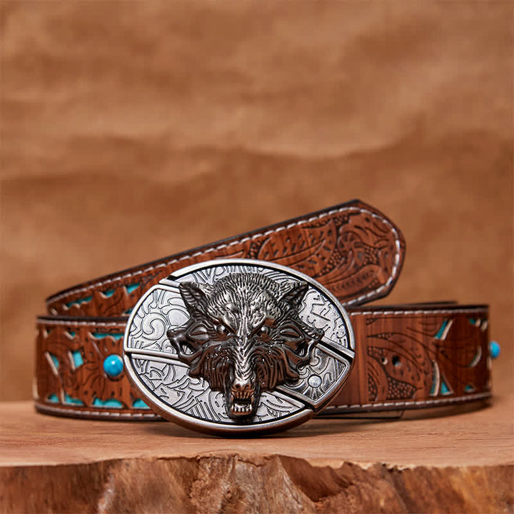 Men's DIY Wolf Head Hidden Folding Knife Leather Belt