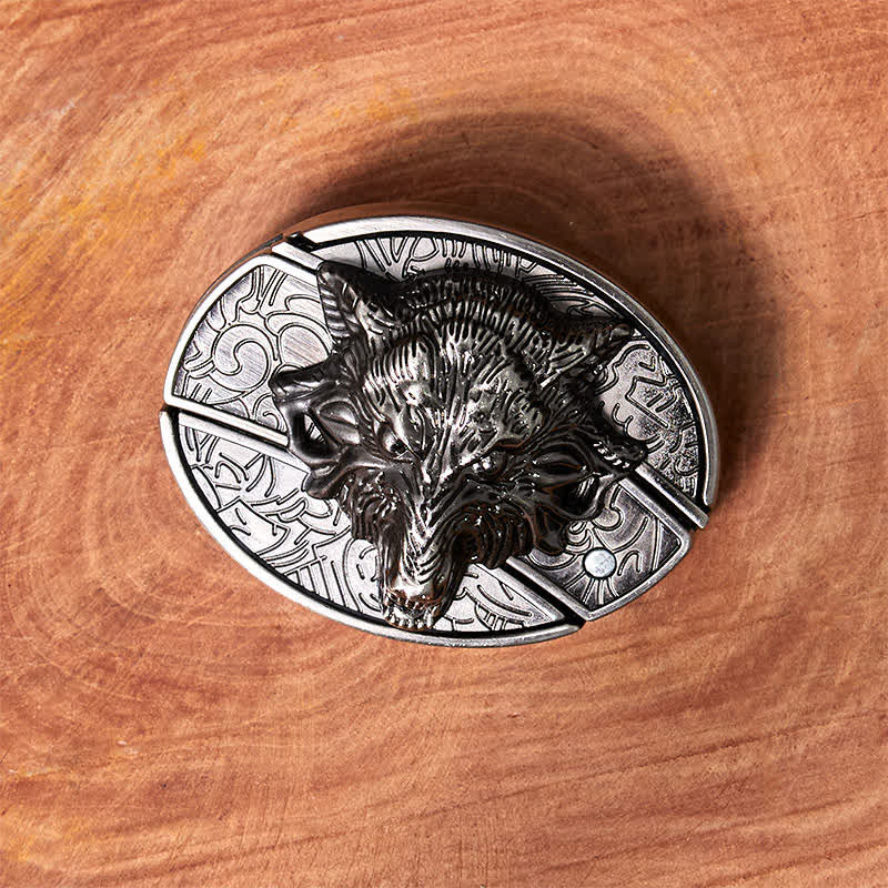 Men's DIY Wolf Head Hidden Folding Knife Leather Belt - image 2