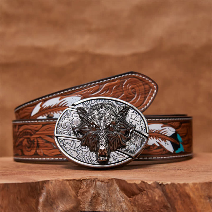 Men's DIY Wolf Head Hidden Folding Knife Leather Belt - Wolf Head - Brown Feather Belt - 40 - image 9