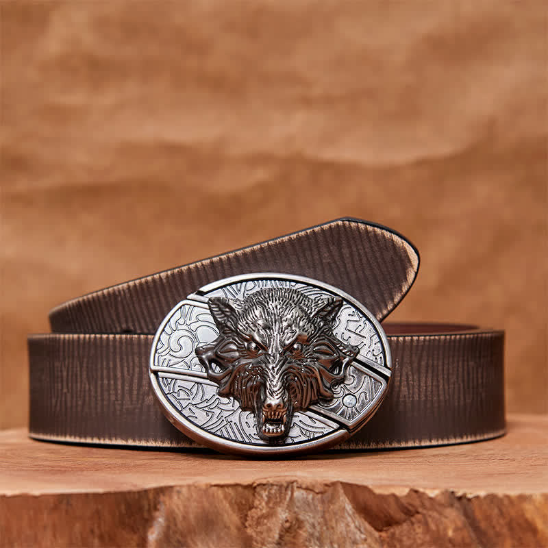 Men's DIY Wolf Head Hidden Folding Knife Leather Belt - Wolf Head - Brown Distressed Belt - 42 - image 8