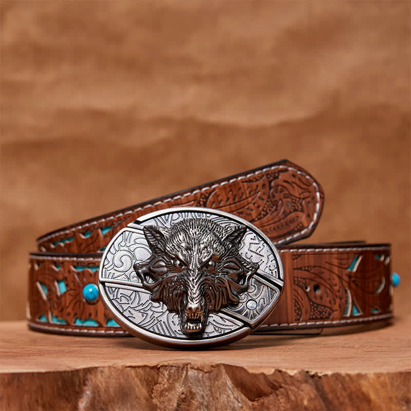 Men's DIY Wolf Head Hidden Folding Knife Leather Belt - Wolf Head - Turquoise Carved Belt - 42 - image 7
