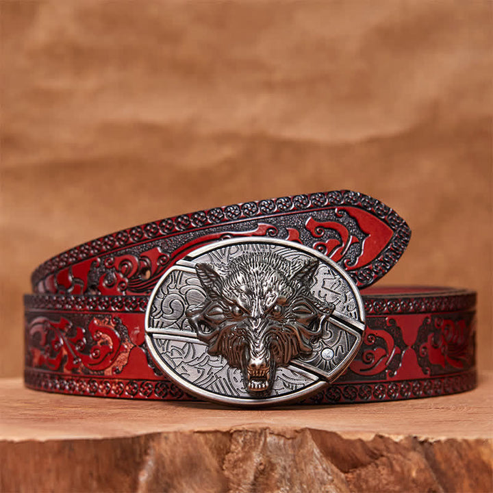 Men's DIY Wolf Head Hidden Folding Knife Leather Belt