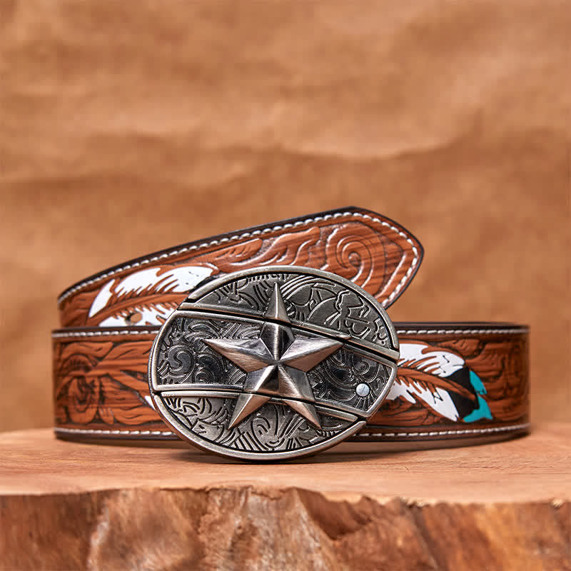 Men's DIY Pentagram Hidden Folding Knife Leather Belt - Pentagram - Brown Feather Belt - 40 - image 9