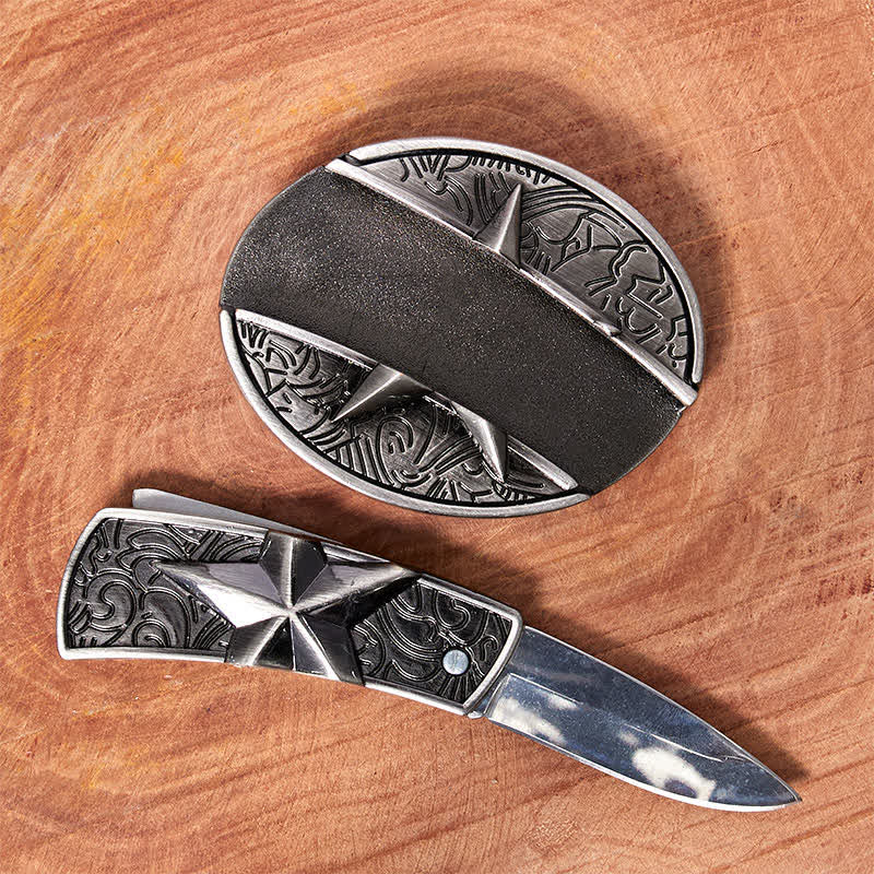 Men's DIY Pentagram Hidden Folding Knife Leather Belt - image 1