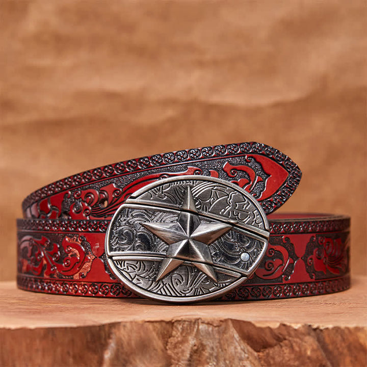 Men's DIY Pentagram Hidden Folding Knife Leather Belt - Pentagram - Brown Carved Belt - 42 - image 7