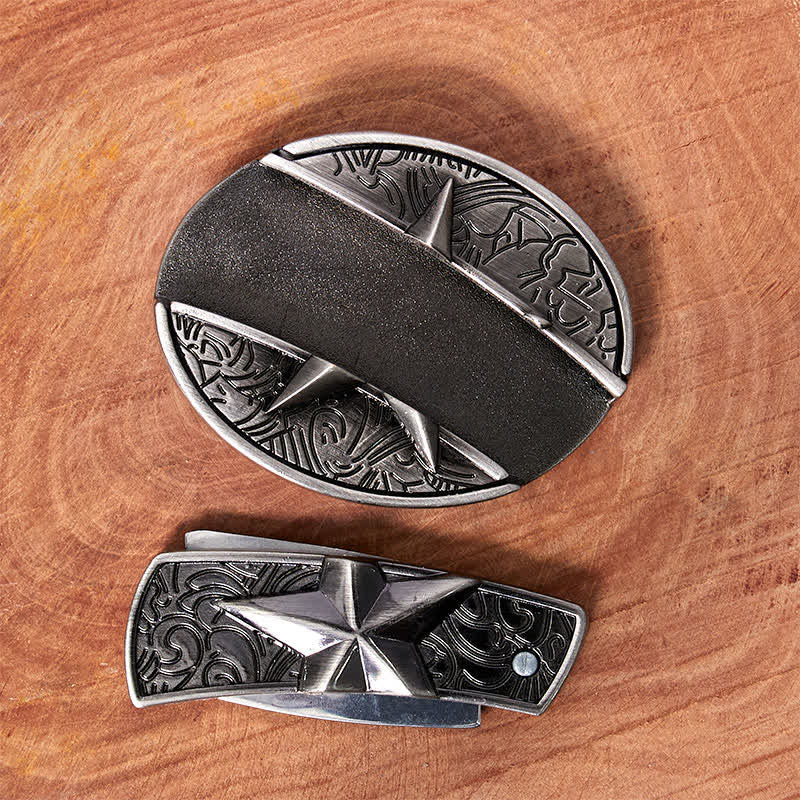 Men's DIY Pentagram Hidden Folding Knife Leather Belt - image 3