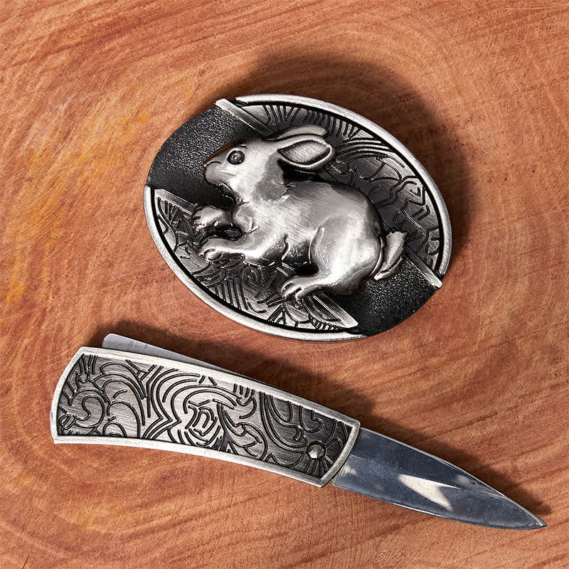 Men's DIY Rabbit Hidden Folding Knife Leather Belt