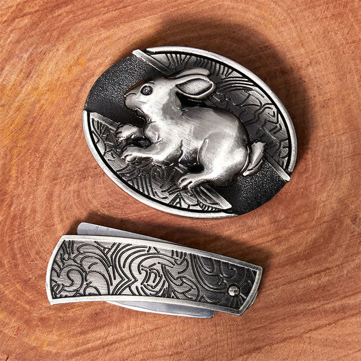 Men's DIY Rabbit Hidden Folding Knife Leather Belt