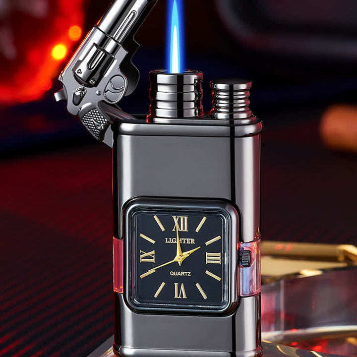 Guns Design Refillable Double Flame Butane Lighter With Clock