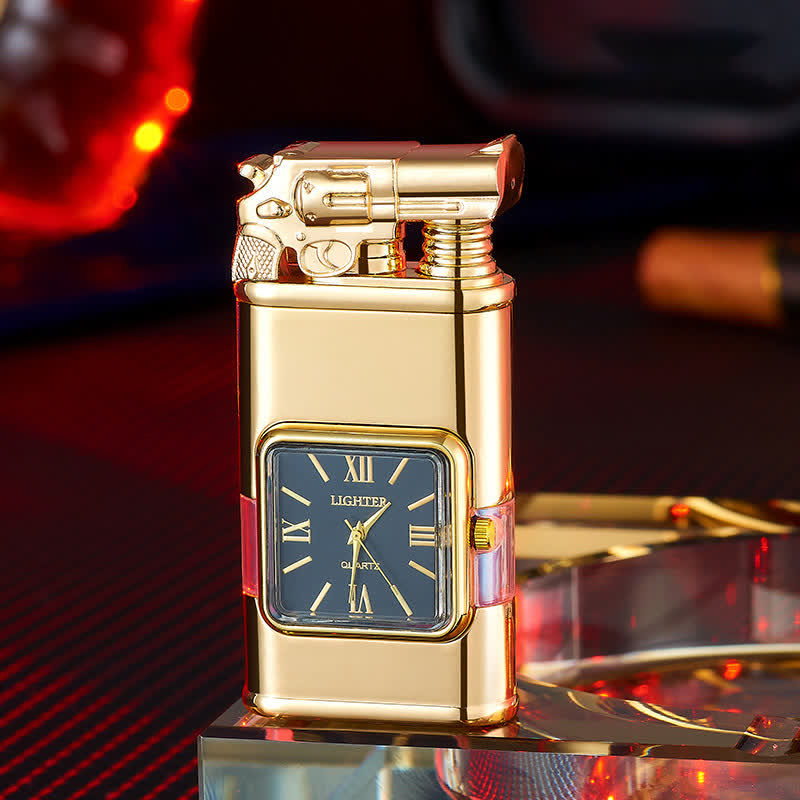 Guns Design Refillable Double Flame Butane Lighter With Clock - Gold - image 9