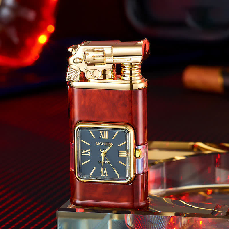 Guns Design Refillable Double Flame Butane Lighter With Clock - Red Wood Pattern - image 10