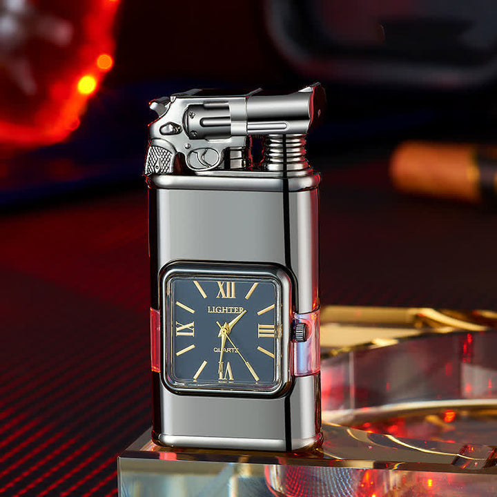 Guns Design Refillable Double Flame Butane Lighter With Clock