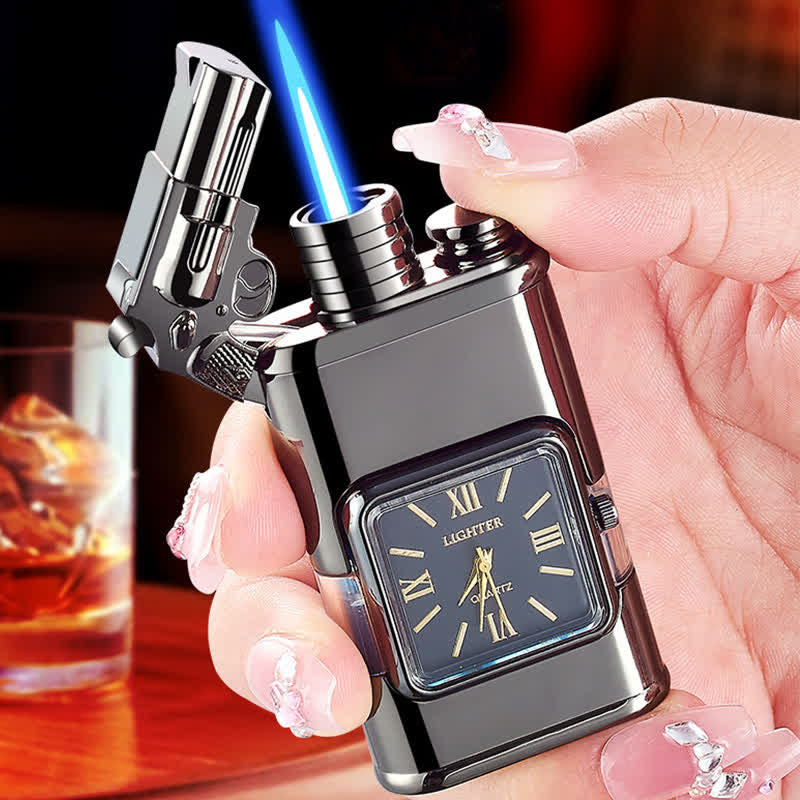 Guns Design Refillable Double Flame Butane Lighter With Clock