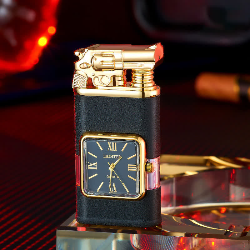 Guns Design Refillable Double Flame Butane Lighter With Clock